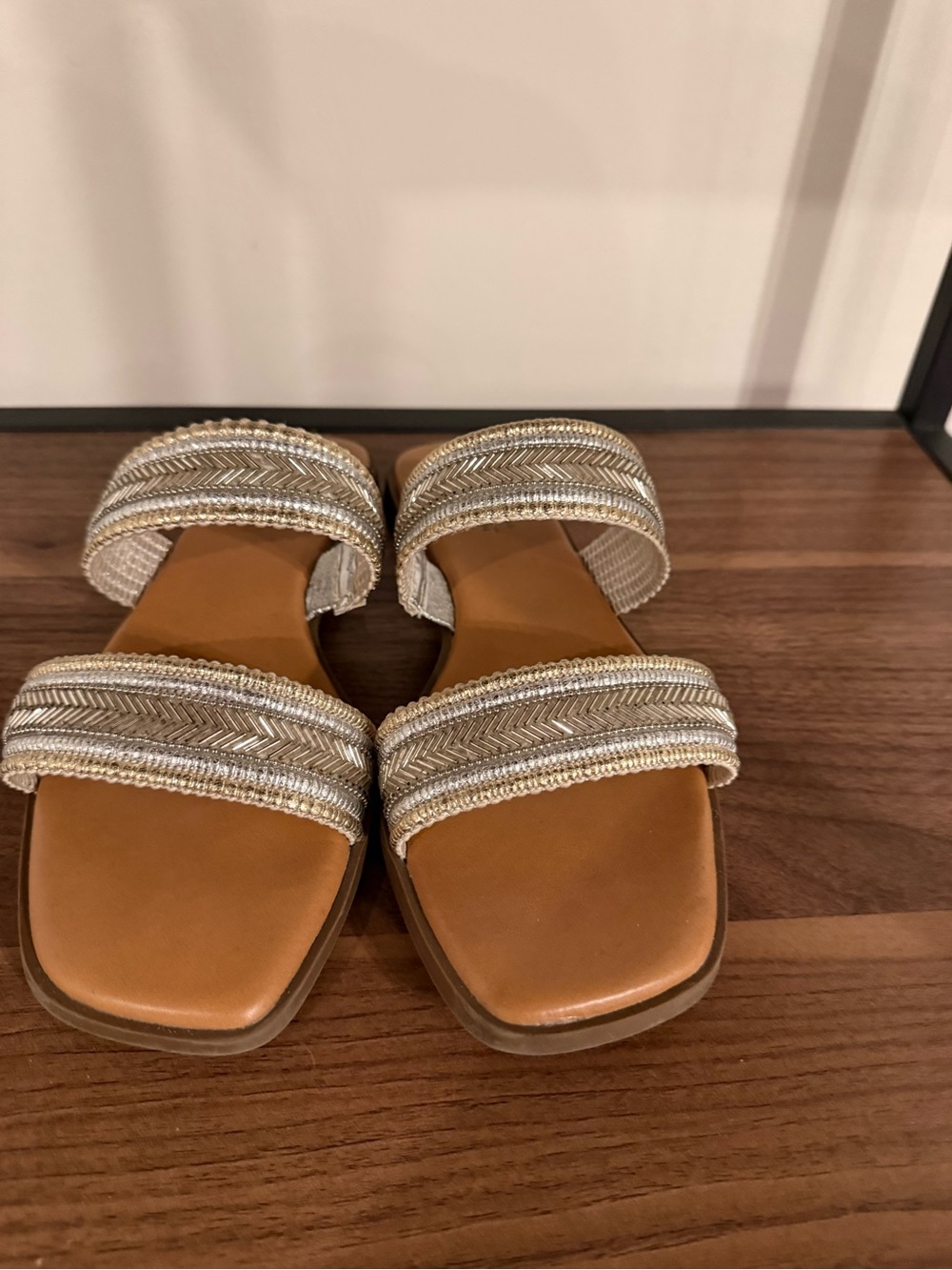 Call It Spring Women’s Silver Beaded Double Strap Vegan Slide Sandals